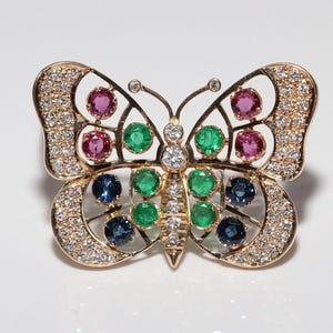Vintage 18k Gold Natural Diamond And Emerald Ruby Sapphire Butterfly Brooch