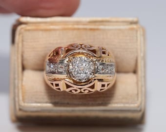 Antique Circa 1900s 18k Gold Handcrafted Natural Diamond Decorated Strong Ring
