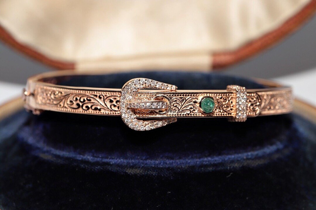 New Made 14k Gold Natural Diamond and Emerald Decorated Belt Bangle ...