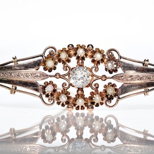 Antique Victorian Circa 1900s 14k Gold Natural Diamond Decorated Brooch