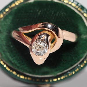 Vintage Circa 1960s 14k Gold Natural Old Cut Diamond Solitaire Snake Ring