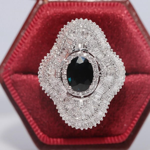 Vintage Circa 1990s 18k Gold Natural Diamond And Oval Cut Sapphire Navette Ring