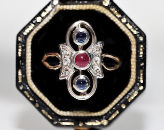 Antique Circa 1900s 8k Gold Top Silver Natural Diamond Sapphire And Ruby Ring