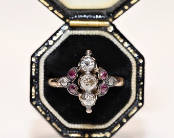 Antique Circa 1900s 8k Gold Natural Old Cut Diamond And Ruby Navette Ring