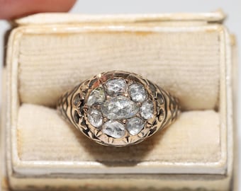 Antique Circa 1900s 18k Gold Natural Rose Cut Diamond Enamel Ring
