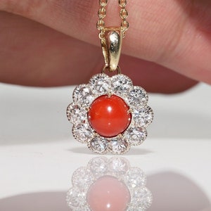 Antique Circa 1900s 18k Gold Natural Diamond And Coral Pendant Necklace