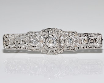 Antique Art Deco Circa 1920s 14k Gold Natural Diamond Decorated Brooch