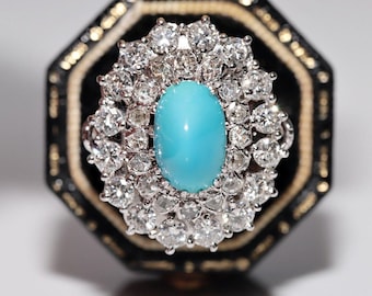 Vintage circa 1970er Jahre Platinring mit natürlichem Diamant und Türkis