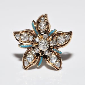 Antique Circa 1900s 14k Gold Handcrafted Enamel Natural Rose Cut Diamond Brooch