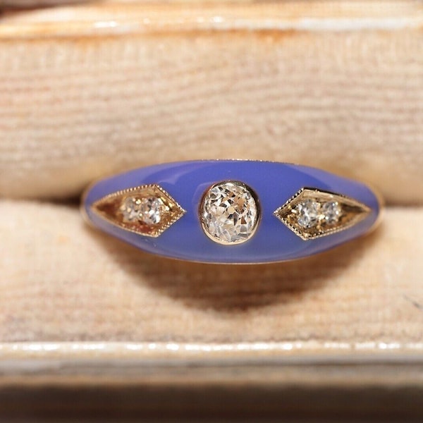 New made 14K Gold Natural Diamond Decorated Purple Enamel Band Ring