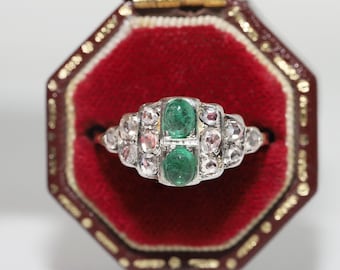 Antique Circa 1900s 14k Gold Top Silver Natural Rose Cut Diamond Emerald Ring