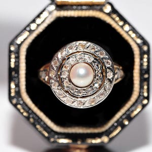 Antique Circa 1900s 18k Gold Natural Rose Cut Diamond And Pearl Decorated Ring