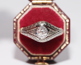 Antique Circa 1920s Art Deco 18k Gold Natural Diamond Decorated Solitaire Ring