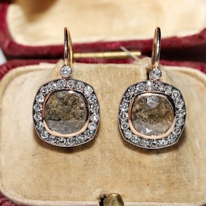 18k Gold Rose Cut Diamond Earrings: Natural Diamond Halo