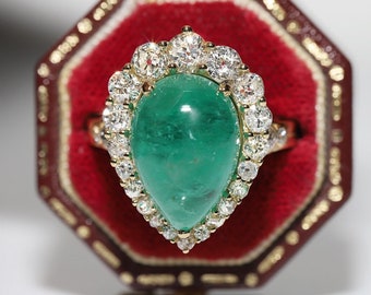 18k Gold Natural Natural Diamond And Cabochon Emerald Decorated Strong Ring
