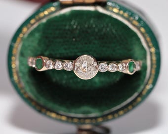 Vintage Circa 1980s 14k Gold Natural Diamond And Emerald Band Ring