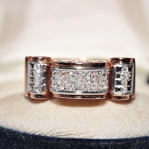 Antique Circa 1900s 14k Rose Gold Natural Diamond Decorate Tank Ring