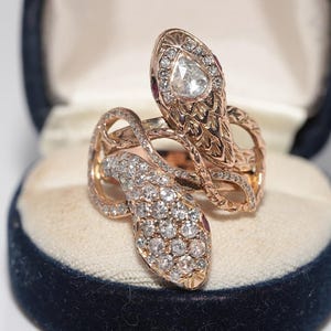 Vintage Handcrafted 14k Gold Natural Diamond Double Snake Design Ring