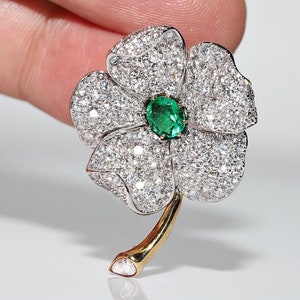 Vintage Circa 1990s 18k Gold Natural Diamond And Emerald Flowers Brooch