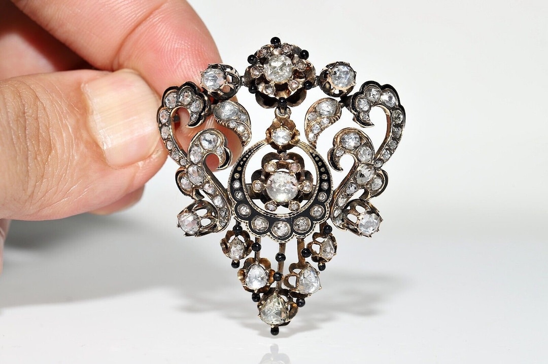 Broche Ancienne En Or 18 Carats Avec Diamants Et émail - Vers 1900, Occasion Bon état