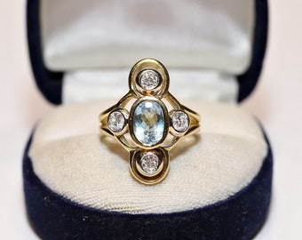 Vintage Circa 1970s 18k Gold Natural Diamond And Aquamarine Navette Ring