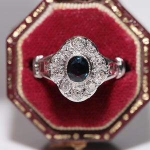Antique Circa 1920s 18k Gold Art Deco Natural Diamond And Sapphire Navette Ring