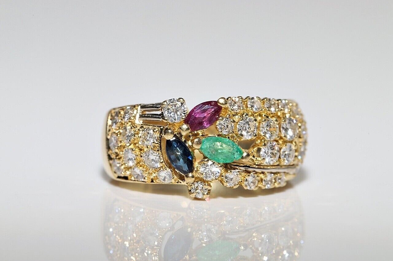 Vintage Circa 1980s 18k Gold Natural Diamond and Emerald and