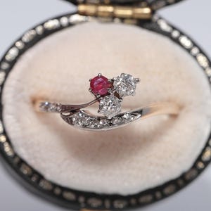 Antique 1910s Art Nouveau Handcrafted 14K Gold & Silver Top Diamond Ruby Estate Ring
