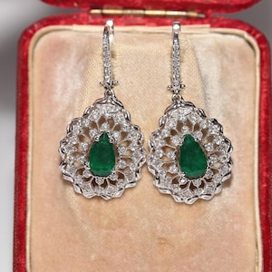 Vintage Circa 1990s 18k Gold Natural Diamond And Pear Cut Emerald Earring