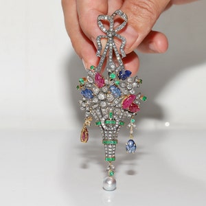 Vintage Circa 1980s 14k Gold Top Silver Natural Diamond Ruby Sapphire Emerald Brooch