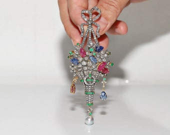 Vintage Circa 1980s 14k Gold Top Silver Natural Diamond Ruby Sapphire Emerald Brooch