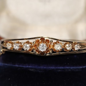 Antique Circa 1900s 14k Gold Natural Old Cut Diamond Decorated Bangle Bracelet