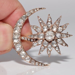 Antique Circa 1900s Handcrafted 18k Gold Natural Rose Cut Diamond Moon Brooch