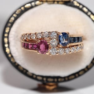 Vintage Circa 1980s 18k Gold Natural Diamond And Sapphire Ruby Decorated Ring