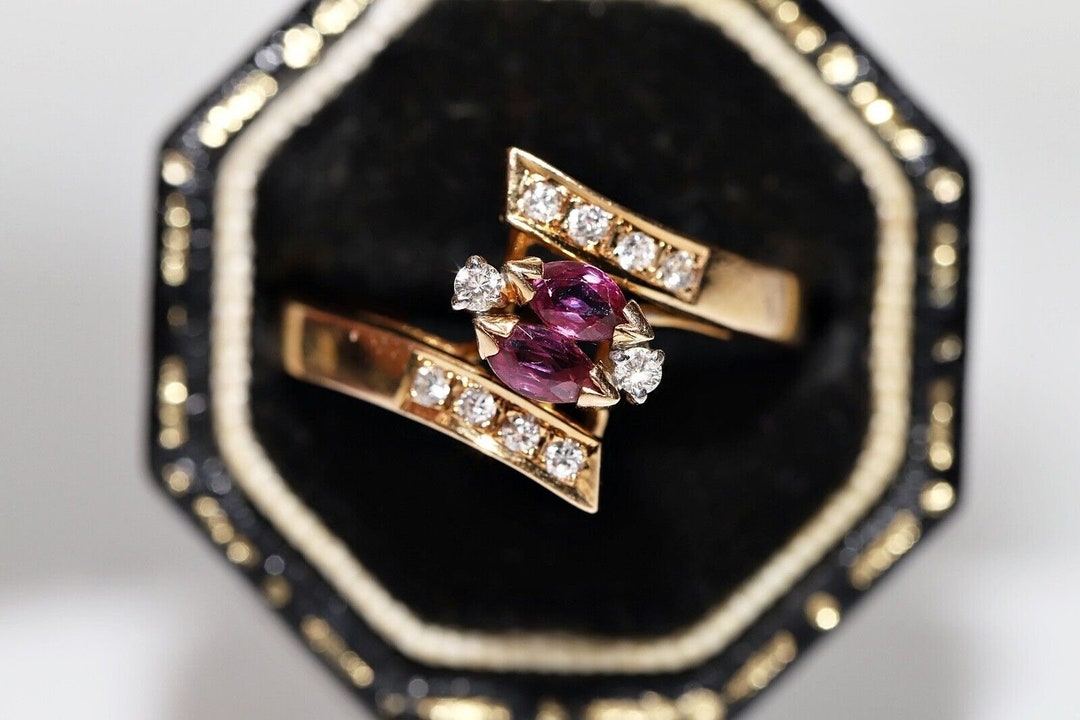 Vintage Circa 1980s 14k Gold Natural Diamond and Ruby Decorated Ring ...