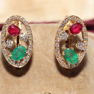 Vintage Circa 1990s 18k Gold Natural Diamond And Emerald Ruby Earring