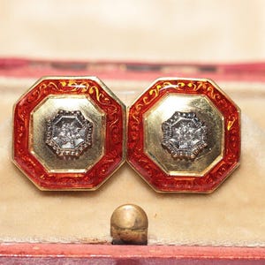 Antique Circa 1900s 18k Gold Natural Diamond And Enamel Solitaire Earring