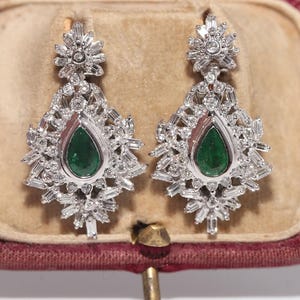 Vintage Circa 1990s 18k Gold Natural Diamond And Pear Cut Emerald Earring