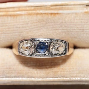 Antique 14k Gold Top Silver Natural Old Cut Diamond And Sapphire Ring