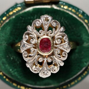 Antique Circa 1900s 18k Gold Top Silver Natural Rose Cut Diamond And Ruby Ring
