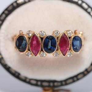 Vintage 1960s 18K Gold Natural Diamond & Ruby Sapphire Estate Ring