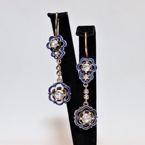 Old Original Circa 1960s 8k Gold Natural Rose Cut Diamond Enamel Earring