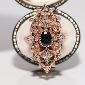 Vintage Circa 1970s 14k Gold Natural Diamond And Sapphire Navette Ring