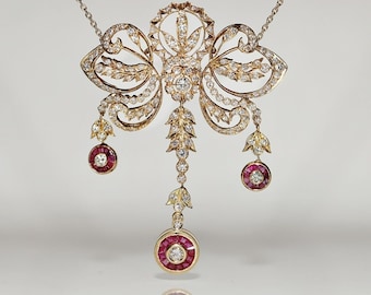 Vintage Original 14k Gold Natural Diamond And Caliber Ruby Pendant Necklace