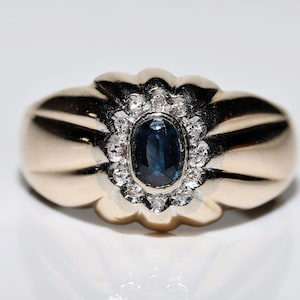 Anillo vintage original de oro de 14 quilates, década de 1970, con diamantes y zafiros naturales