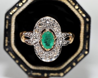 Vintage Circa 1980s 18k Gold Natural Rose Cut Diamond And Emerald Ring