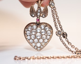 Vintage Original 8k Gold Natural Rose Cut Diamond Decorated Heart Bird Pendant