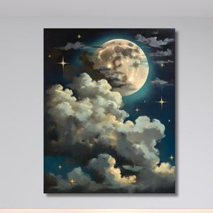 Full Moon and Cloudy Night Sky Canvas Print,Dreamy Wall Decor,Moonlight Canvas Print,Night Sky Art,Moon and Stars Poster,Romantic Wall Decor