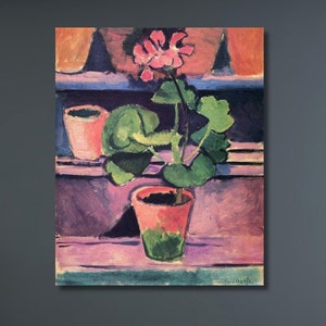 May include: A painting of a pink geranium plant in a terracotta pot on a shelf with other potted plants. The painting is done in a style reminiscent of early 20th century modern art.