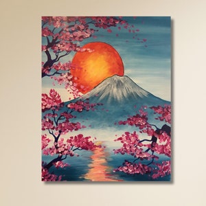 Sunset over Mount Fuji with Cherry Blossoms Poster Print,Sakura Blossoms and Mount Fuji at Sunset,Japanese Landscape,Japanese Artwork Canvas